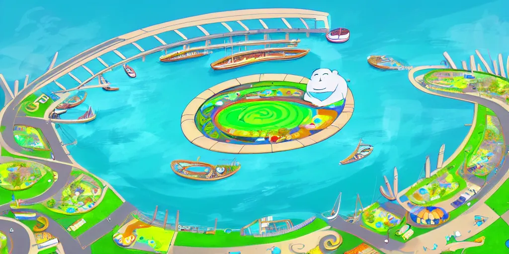 Image similar to chubby spiral shape cartoon concept art, docklands near the sea, from lorax movie, sam and max