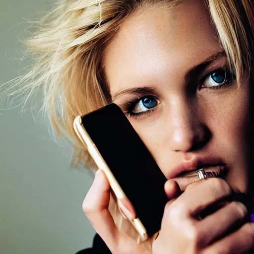 Image similar to agree blonde haired woman using phone, photorealistic, close up, gq magazine, beautiful,