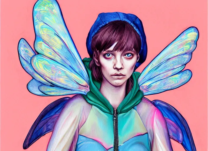 Image similar to a painting by martine johanna of a fairy with big wings wearing a hoodie standing in a township street in the style of jenny saville, street fashion outfit, haute couture fashion shoot, fairy, d & d, fantasy sticker illustration, artstation