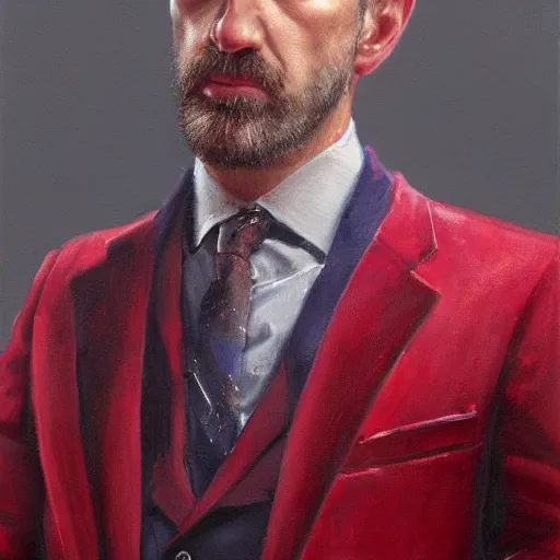 Image similar to A painting of a 40 year old man with sharp facial features and a light stubble, grey hair, blue eyes, beautiful and detailed, he is wearing a crimson red velvet suit, oil painting, by Greg Rutkowski, trending on artstation