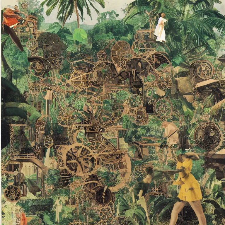 Image similar to a network of steampunk machinery in tropical nature, painted by Neo Rauch, 1970 magazine cut out collage