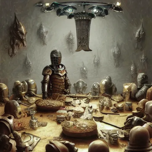 Image similar to knight bones armor, anthropomorphic shiba inu, in tavern, surrounded by knights, stuning 3 d render, masterpiece, glowing aura, by donato giancola and greg rutkowski and wayne barlow and zdzisław beksinski, realistic face