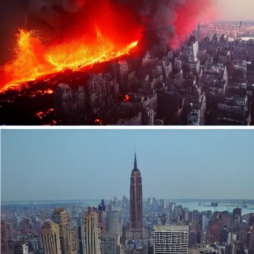 Image similar to a photograph photo of new york city being scorched by holy fire from the sky and meteors, new york city being obliterated by explosions