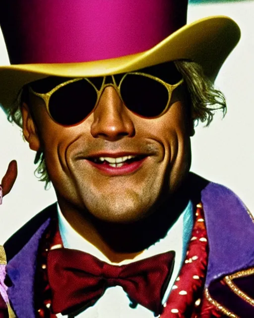 Image similar to Film still close-up shot of Dwayne Johnson as Willy Wonka from the movie Willy Wonka & The Chocolate Factory. Photographic, photography