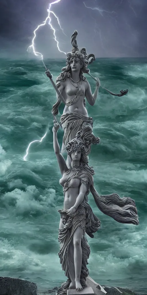 Image similar to gigantic marble statue of the goddess of the sea wielding a trident on an island. roiling waves at the base. scene lit by lightning. thunderclouds in the background. fantasy setting. magicians praying to the statue. purples and greens. fantasy aesthetic. extremely detailed. 4 k. digital art.