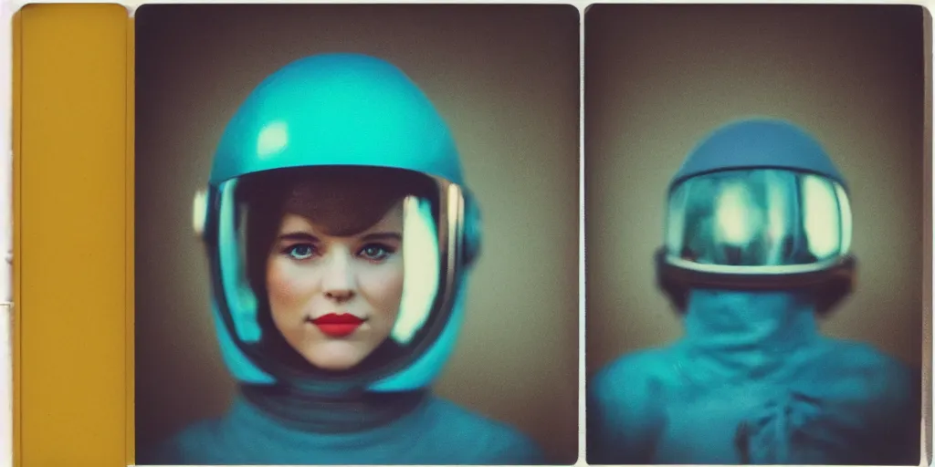 Image similar to vintage polaroid portrait of a beautiful young woman wearing a space helmet, lit from behind, 8k, warm azure tones, color bleed, film grain