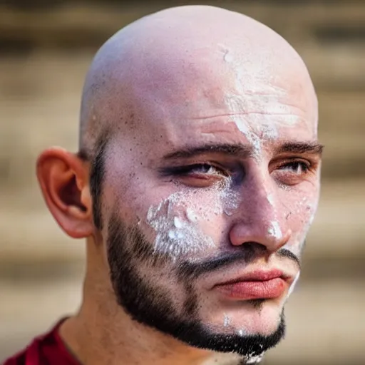 Prompt: close up photo of a fully clothed bald crimean man with yoghurt dripping from his face