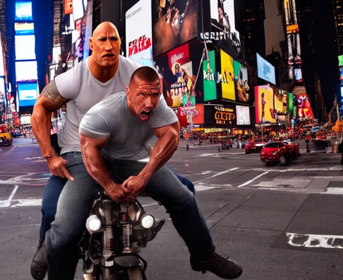 Image similar to Dwayne the Rock Johnson riding on Adam Sandler, Adam Sandler doing Methamphetamine at Times Square, Mew York City, photograph by Alfred Eisenstaedt, 4K, dramatic lighting; 4K 8K