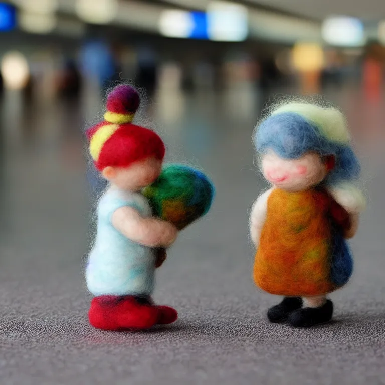 Image similar to needle felted person arriving at airport, highly detailed, tilt shift, cute, hyperrealism, highly textured, god rays