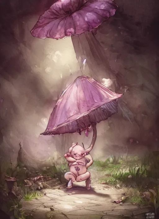 Image similar to A fat goblin princess with a tattered pink tutu, mushroom umbrella, watercolor, dramatic lighting, cinematic, establishing shot, extremely high detail, foto realistic, cinematic lighting, pen and ink, intricate line drawings, by Yoshitaka Amano, Ruan Jia, Kentaro Miura, Artgerm, post processed, concept art, artstation, matte painting, style by eddie mendoza, raphael lacoste, alex ross,