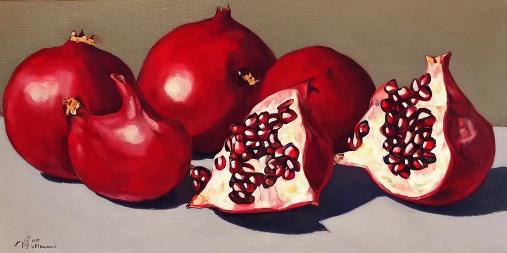 Image similar to pomegranates on the table, oil paint