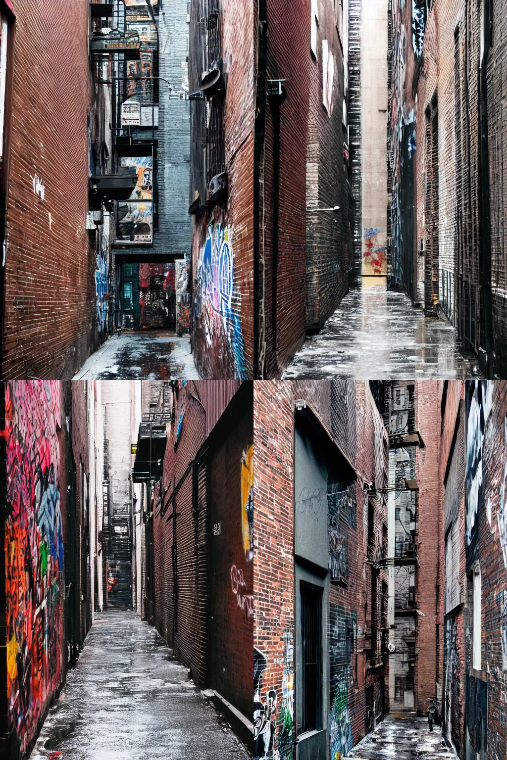 Prompt: photo of a secluded cozy alleyway in New York City, wet pavement, graffiti by banksy on the wall, award-winning magazine photography