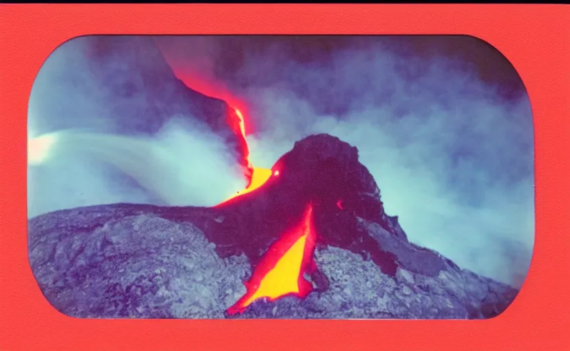 Prompt: analog polaroid of a vulcanic eruption, a lot of lava, bright colors, smoke, lens flare