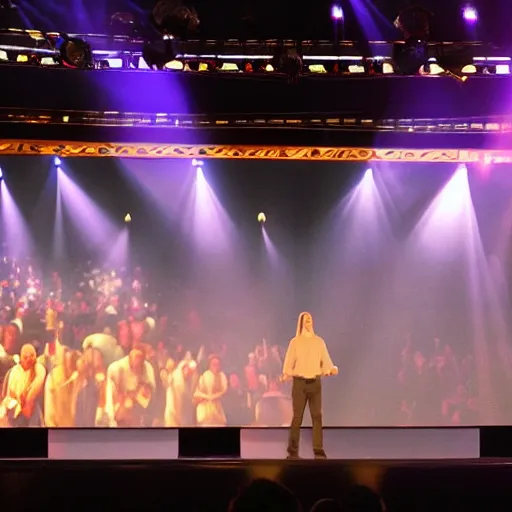 Prompt: jesus on stage at e 3 introducing game about jesus, photograph, 2 0 1 7, 4 k