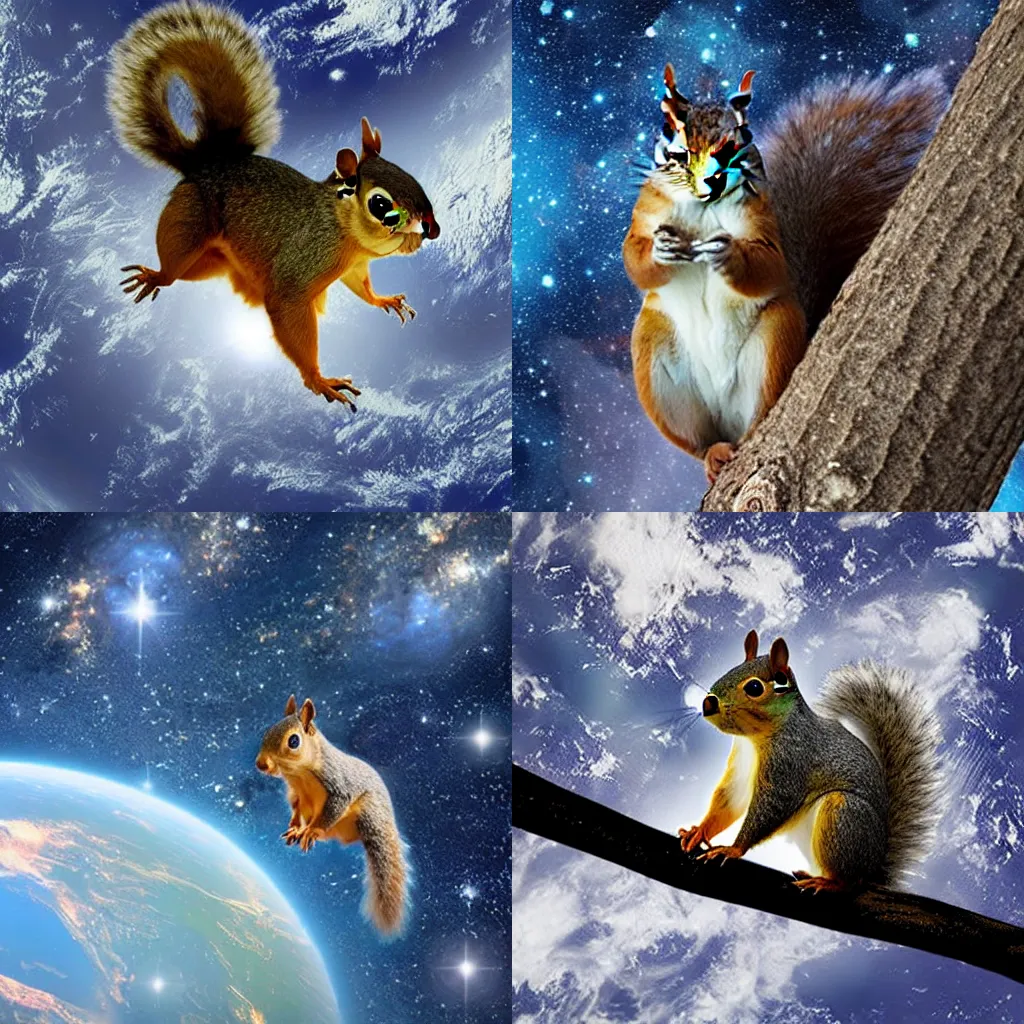 Prompt: a squirrel on a tree above earth in space