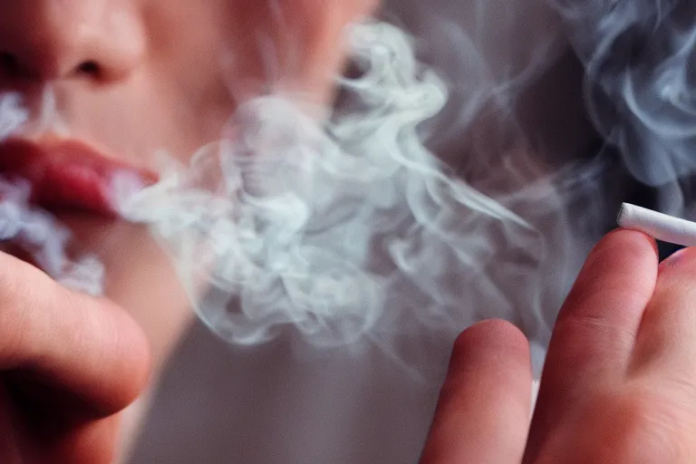 Image similar to Close-up of thin soft hand holding cigarette in fingers, with smoke, hyper realistic, high details, photo, super resolution