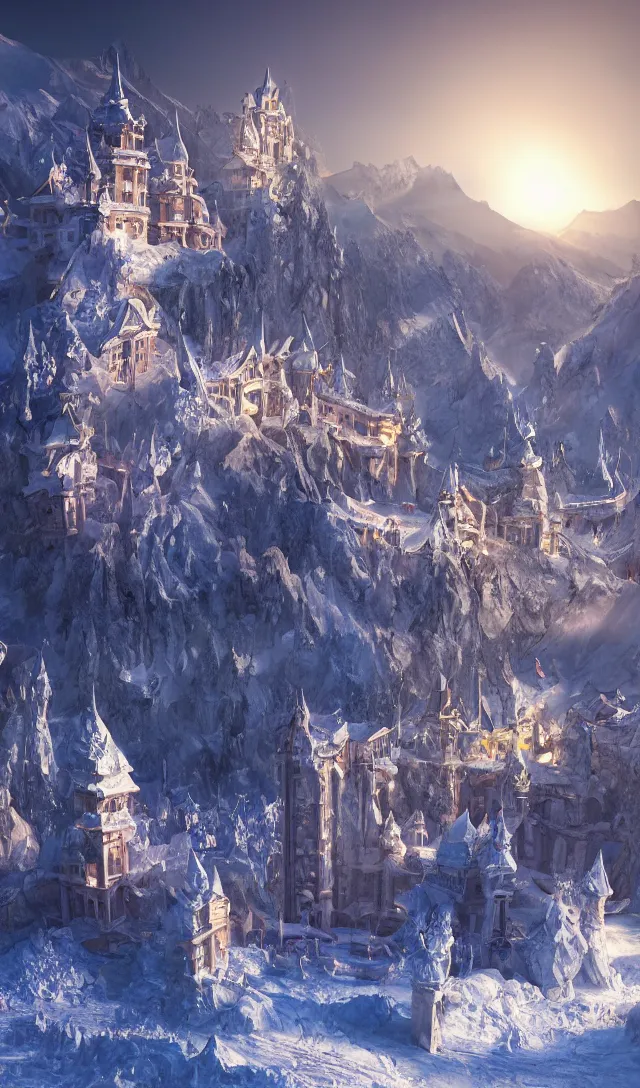 Prompt: a scene concept design depicting a palace made of crystal at the top of a snowy mountain in changbai, with a magnificent atmosphere illuminated by the sun ， super wide angle ， matte painting ， rtx on ， trending on cgsociety and artstation, unreal engine ， volumetric light ， poster style ，