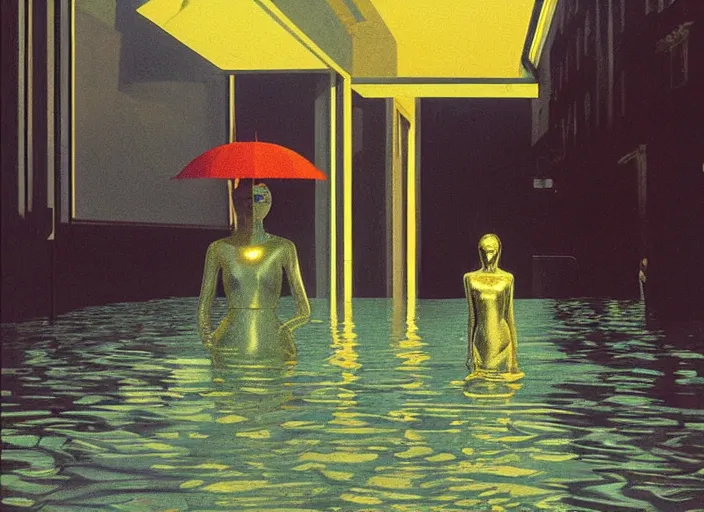 Image similar to futuristic woman with very wide head dressed in transparent gold foil plastic bags with cutouts, on flooded street Edward Hopper and James Gilleard, Zdzislaw Beksinski, highly detailed