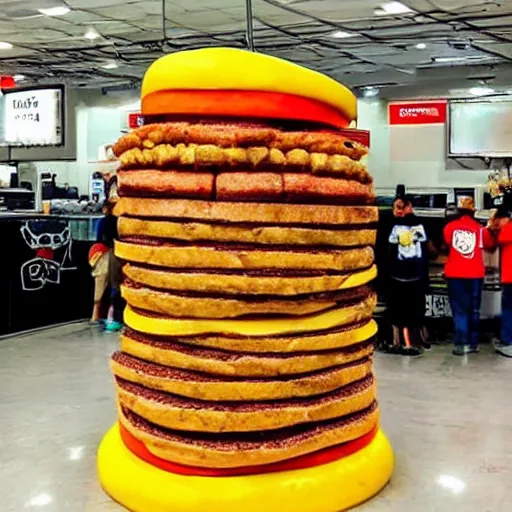 Prompt: a 1 5 foot tall burger with 1 0 0 0 slices of cheese on it stacking up to the ceiling