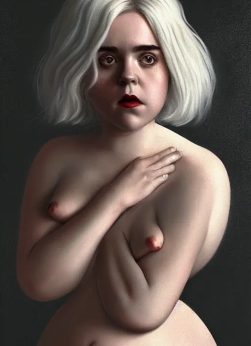 Image similar to full body portrait, kiernan shipka as sabrina spellman, white hair, obese, bangs, sultry, realistic, sultry smirk, fluffy bangs, freckles, fat, belly, intricate, elegant, highly detailed, digital painting, artstation, concept art, smooth, sharp focus, illustration, art by wlop, mars ravelo and greg rutkowski