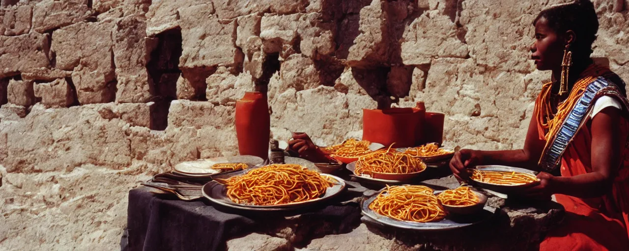 Image similar to queen hatshepsut in the ancient kingdom of punt, enjoying a feast of spaghetti, canon 5 0 mm, kodachrome