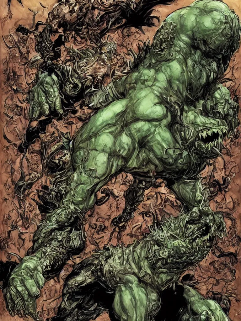 Image similar to a monstrous demon in an expensive three piece suit, with a gigantic mouth that is open - wide eating a lush green utopian city, intricate, elegant, highly detailed, smooth, sharp focus, detailed face, high contrast, graphic novel, art by ardian syaf and pepe larraz,