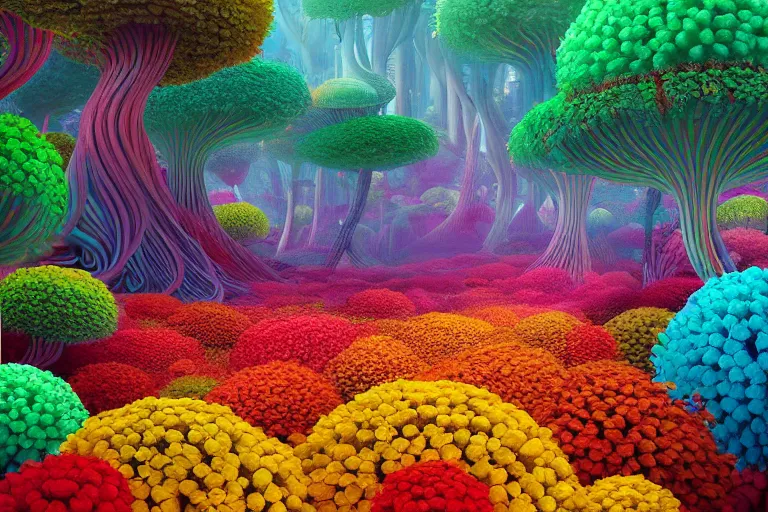 Prompt: beautiful forest of giant chrysanthemum flowers digital illustration by dr. seuss : 1 | vibrant, spectral color, colorful, surreal psychedelic megaflora forest by beeple : 1