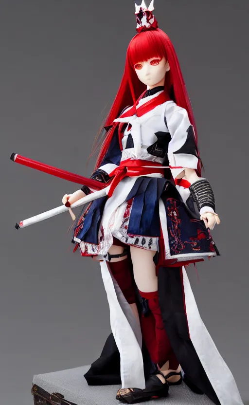 Image similar to dollfie in samurai suit, red hair, blue eyes,