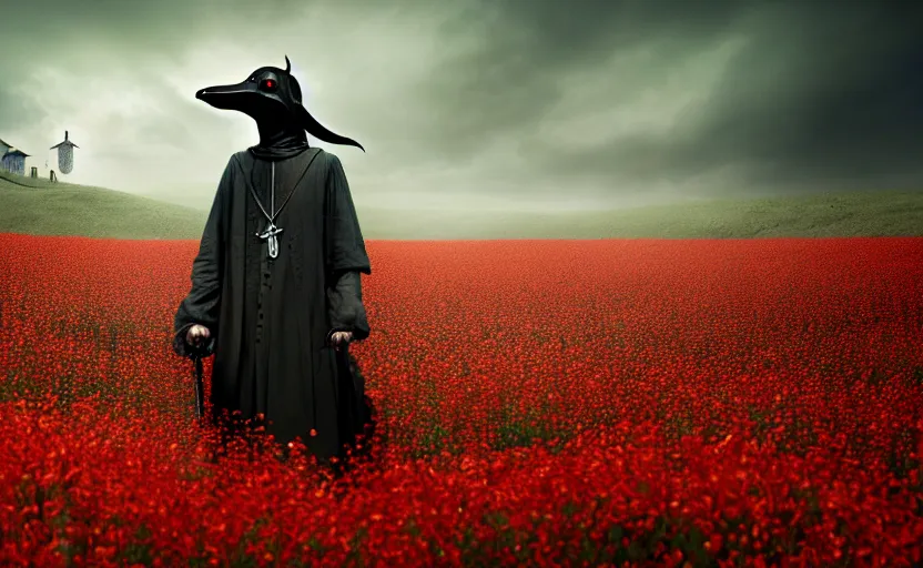 Prompt: an extremely disturbing horror photograph of a plague doctor in a field of opium poppies, hyperrealism, sharp focus, highly detailed, horror cgi 4 k, matte, octane render, cinematography, photo by professional photographer