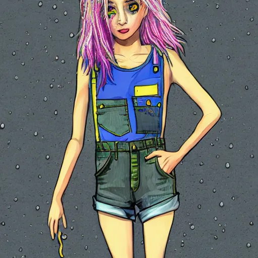 Prompt: a portrait of an beautiful grungy female with rainbow hair, dainty figure, torn overalls, short shorts, combat boots, wet tshirt, raining, made by viktor antonov, illustration, extremely detailed, beautiful,