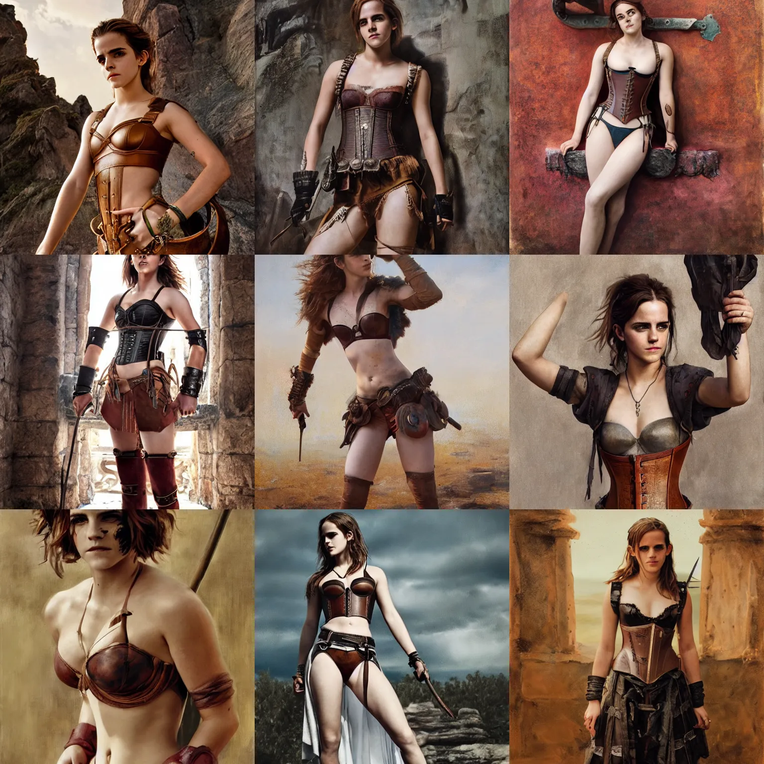 Prompt: emma watson as ancient gaul warrior leather bra corset bustier painting by james gurney greg rutkowski canon eos r 3 fujifilm x - t 3 0 sony alpha a 6 6 0 0 nikon d 5 0 0