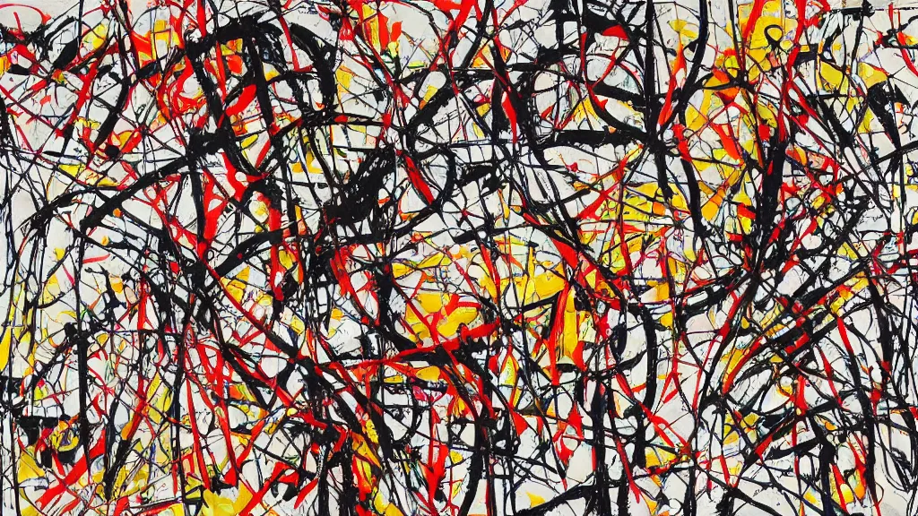 Image similar to abstract art painting, lines, forms, shapes, in style of jackson pollock,