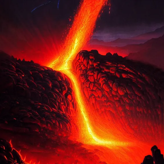 Image similar to bionicle, volcanic lava surfing, evocative, mystical night, sharp focus, very very very very detailed, award winning, masterpiece digital painting by greg rutkowski, alex grey, marc adamus, beautiful dramatic lighting, artstation, 4 k wallpaper, style by peter deligdisch, peterdraws