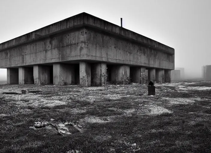 Image similar to High resolution black and white photograph with a 35mm F/22.0 lens of a Brutalist architectural building alone in the middle of a Russian wasteland in the 1980s in the middle of nowhere while foggy. Highly detailed Realistic, Refined, Highly Detailed, fine art fashion photography