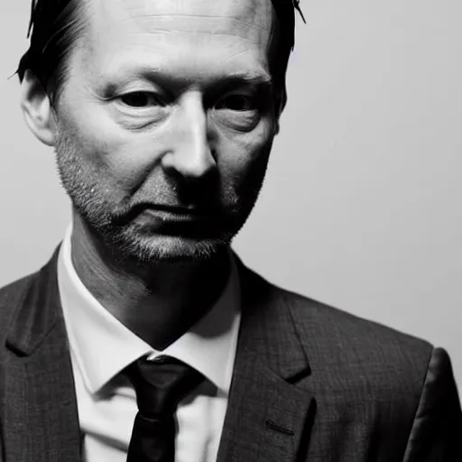 Image similar to a black and white photo of radiohead in a suit, a portrait by John E. Berninger, behance, private press, ultrafine detail, chiaroscuro, studio portrait