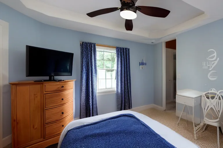 Prompt: a 10 by 11 foot room with white with a criss cross pattern in blue grey walls, white ceiling, navy blue carpet, a small bed, desk, two wooden wardrobes, a little side table in a light wood veneer, a window, desk fan, table light, and an old TV, and a ceiling fan gives off a dim orange light. Old