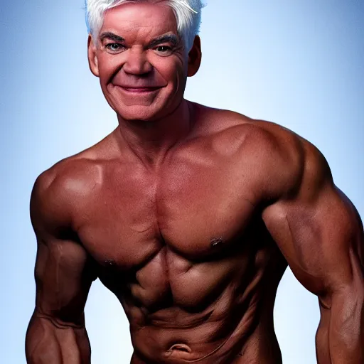 Prompt: Phillip schofield with the physique of a body builder, photorealistic, highly detailed, 4k, eye contact, digital painting,