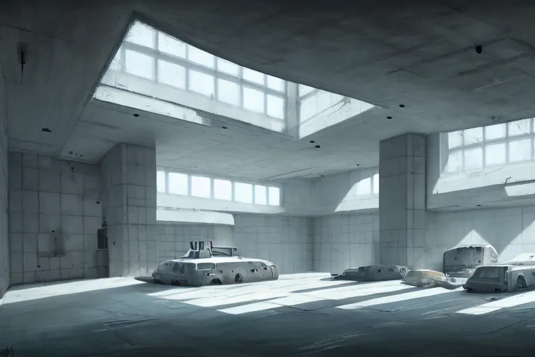Prompt: hyper realistic interior photo of a white concerete brutalist museum, style of simon stalenhag, cinematic and blue cold atmospheric, archillect concept art, artstation, on artstation