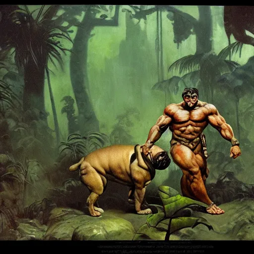 Prompt: muscular oversized warrior pug in mystical foggy jungle by frazetta