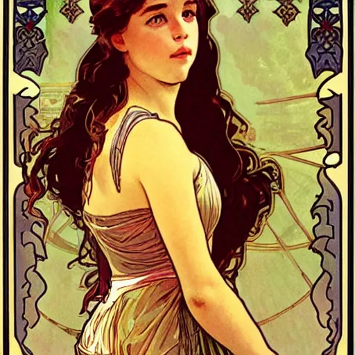 Prompt: Beautiful young girl like Daenerys Targaryen emilia clarke illustrated by alphonse mucha