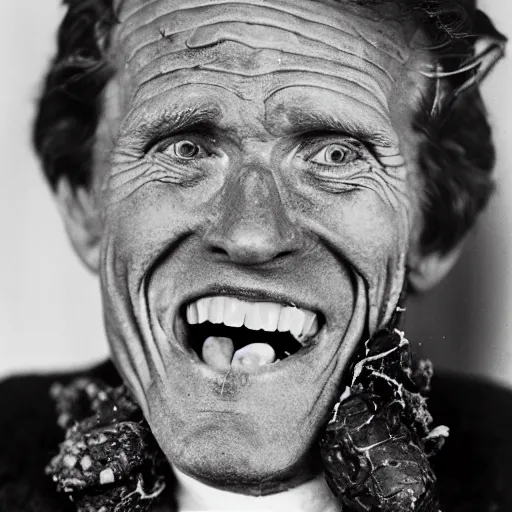 Image similar to black and white photo of william dafoe, encrusted with barnacles, laughing