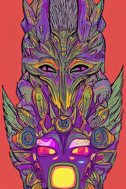 Image similar to animal mask totem roots flower tribal feather gemstone plant wood rock shaman vodoo video game vector cutout illustration vivid multicolor borderlands comics by josan gonzales and dan mumford radiating a glowing aura