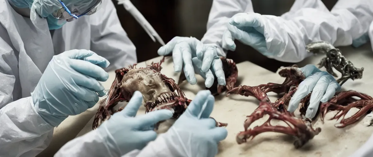 Image similar to filmic dutch angle extreme closeup movie still 4 k uhd 3 5 mm film color photograph of hands wearing surgical gloves dissecting a deceased mysterious grotesque alien specimen in a lab