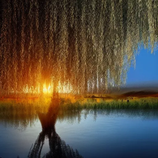 Image similar to featured on artstation majestic willow tree overlooking swirling river at sunset, beautiful image stylized digital art