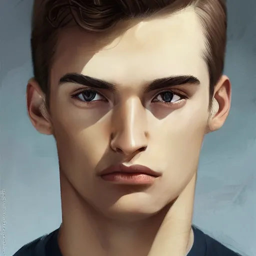 Image similar to man in his twenties with brown blond short quiff hair and thin slightly round facial structure with cleft chin, straight eyebrows, bumpy nose, good definition of cheekbones, Alert brown eyes, narrow face, slim body, atmospheric lighting, painted, intricate, 4k, highly detailed by Charlie Bowater