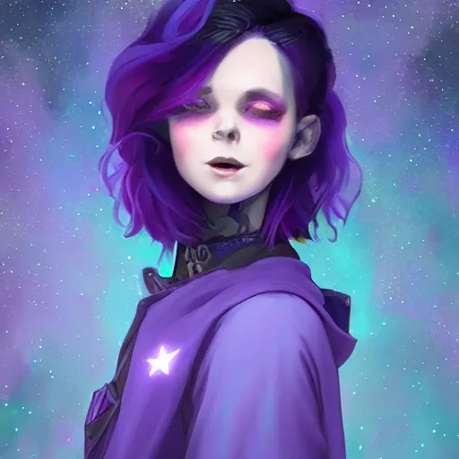Prompt: a nonbinary changeling wearing a starry cloak, purple vest, white sleeves, aurora colored hair, starry eyes, curious expression, watching people on the street, character art, trending on artstation, artgerm, 4k ultra hd, sharp focus, digital art by Ilya Kuvshinov and Ross Tran,