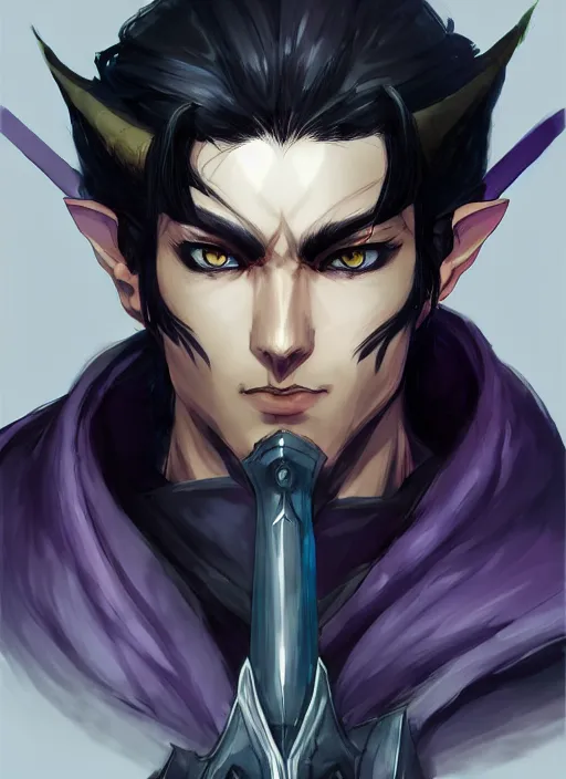 Prompt: Half body portrait of a handsome black haired elven warrior with purple sword. In style of Yoji Shinkawa and Hyung-tae Kim, trending on ArtStation, dark fantasy, great composition, concept art, highly detailed.