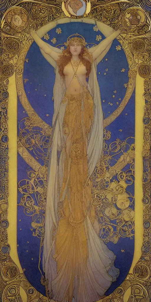 Image similar to saint woman, venus, athena, queen, by alphons mucha and annie swynnerton and nicholas roerich and jean delville, strong dramatic cinematic lighting, ornate headdress, flowing robes, spines, flowers, stars, lost civilizations, smooth, sharp focus, extremely detailed, blue marble, obsidian, gold, space