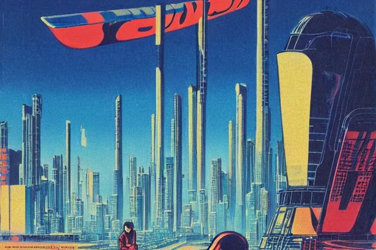 Image similar to 1979 OMNI Magazine Cover of a crystal Pepsi. In the background neo-Tokyo seawall. in cyberpunk style by Vincent Di Fate