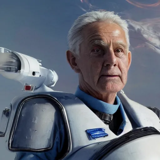 Prompt: close up photograph of an old man who is a veteran of many futuristic wars with short gray hair and blue eyes. he is wearing a white futuristic suit of heavy combat armor and holding a blaster in one hand and a plaster plazma - proof shield in the other. riding a white armored motorcycle charging into enemy lines while firing plasma bolts. scifi